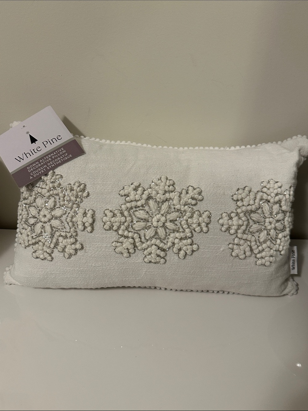 White Pine Down Alternative Beaded Snowflake Decorative Accent Pillow - White